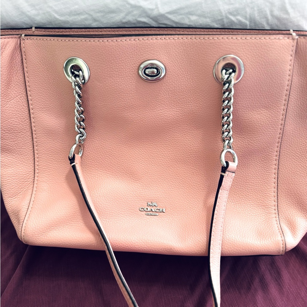Coach Pink Pebbled Turnlock Chain Tote